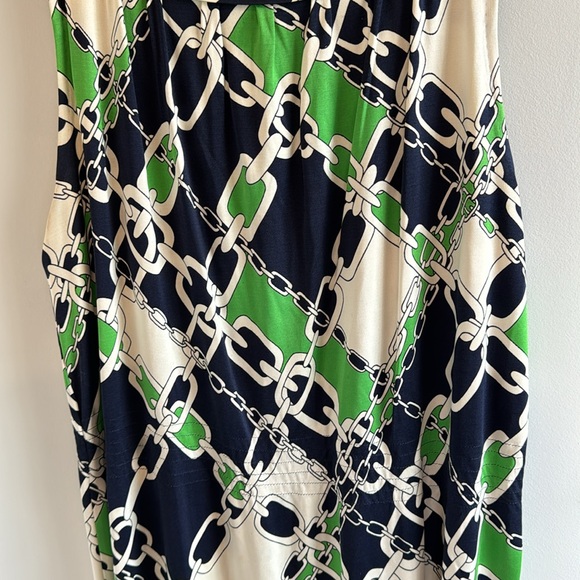TORY BURCH BLUE WHITE GREEN NAVY CHAIN LINKS PRINT SLEEVELES SILK DRESS Size L - Picture 3 of 5